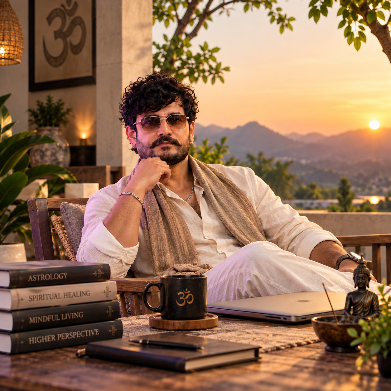 Pandit Vikesh Kumar seated at his desk with a zodiac wheel behind him